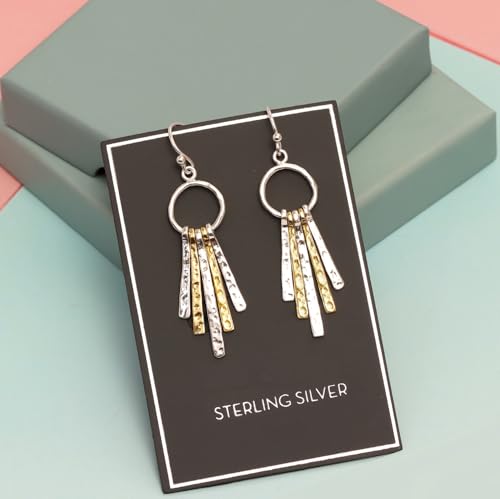 LeCalla 925 Sterling Silver Drop & Dangle Earrings for Women | Handmade Hammered Textured Drop Dangle Earring Jewelry | Women's Hammered Earrings Jewelry for Gift Mom Wife - color: Two-Tone Layered Bar