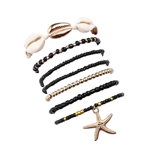 Pingyongchang Bohemian Stackable Shell Beaded Ankle Bracelets for Women Colorful Boho Multi-Layer Seashell Gold Starfish Adjustable Handmade Braid Bracelet Summer Beach Holiday Accessories Gifts - color: Black