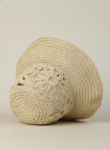 Handmade Women's Crochet Straw Bucket Hat Packable Daisy Beach Cap | Adjustable Inner Drawstring, Airy Lightweight Paper Fiber, Face Shade, Easy Storage, Feminine Openwork Floral Style - color: Beige