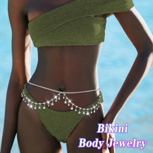 Rhinestone Waist Chains Crystal Waist Chain with Pendant Abdominal Chain Thin Minimalist Body Chain Jewelry for Women Beach Rave - style: B-Star-Sliver