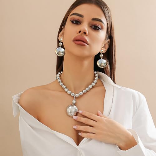 Gold Jewelry Set Chunky Gold Necklace Earring Set for Women Boho Oval Acrylic Earring Necklace Western Adjustable Choker Necklaces Bohemian Jewelry Set For Women - color: Silver Ball