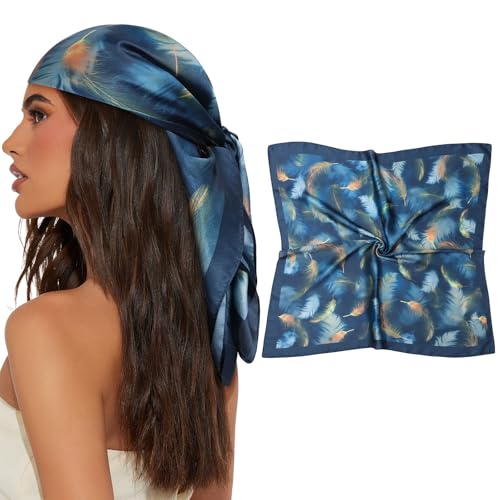 AWAYTR 27.5” Square Satin Head Scarf Hair Scarf for Women's Hair Silk Bandana for Women Silk Head Wrap for Sleeping - color: Feather(dark Green）