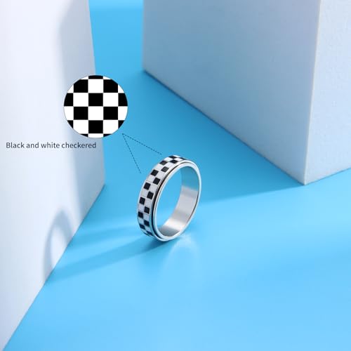 AmorArtSky Checkered Fidget Ring for Adults - 18K Gold Plated Stainless Steel Rotating Spinner Jewelry, Anxiety & Stress Relief Gift for Women/Men (Black and White Pattern) - color: Checkerboard Ring_Silver