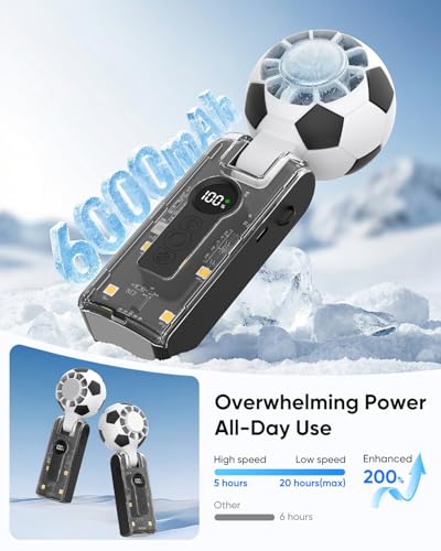 Hiluckey Portable Handheld Turbo Fan with Ice Cooling, 5 Gear Wind, 3 In 1 Soccer-Shaped Mini Personal Fan, 6000mAh Football Rechargeable Pocket Fan for Travel/Outdoor/Office, 180° Adjustable, 20H Max - color: Black