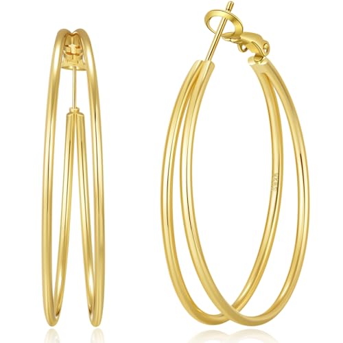 OOOPEL Large Thin Double Hoop Earrings for Women Lightweight Hypoallergenic 925 Sterling Silver Post 14K Gold Hoops Non Tarnish Sturdy Big Thin Double Layered Hoop Earrings 30/40/50/60mm - color: Gold, size: 40mm