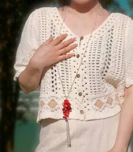 Noessla Boho Long Pendant Necklaces for Women Silver Tassel Long Necklace Sweater Chain Mothers Day Gifts Silver Costume Jewelry for Women - color: Red