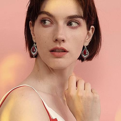 Unique Bohemian Vintage Sparkly Crystal Colorful Round Flower leverback earrings Boho Retro Bronze Circle Beaded Flower Floral Dangle Drop Earrings for Women - color: Red 11