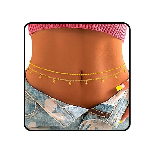 ELABEST Layered Gold Belly Chain 14K Plated Waist Chian Adjustable Sexy Waist Jewelry for Women - size: S(24 inch+7.8inch), style: G
