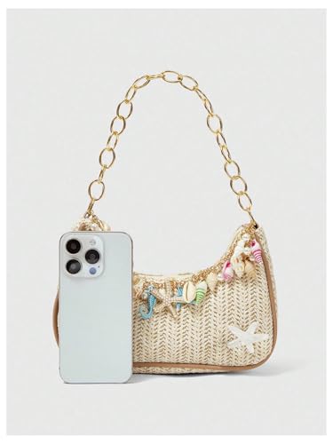 MakeMeChic Women's Straw Beach Purse Seashell Beaded Shoulder Handbags Summer Vacation Bags - color: Multicolor
