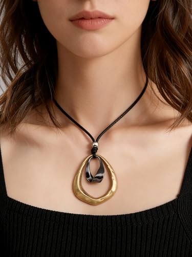 Kelake Leather Necklace for Women Men Teen Vinatge Boho Alloy Pendant Choker Jewelry Fashion Sweater Necklaces with Adjustable Genuine Leather Chain - color: Black Gold 2 Circles Pendant