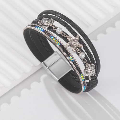 FANCY SHINY Turtle Starfish Leather Wrap Bracelet Boho Rhinestone Pearl Cuff Bracelets for Women Summer Beach Jewelry for Women - color: Black