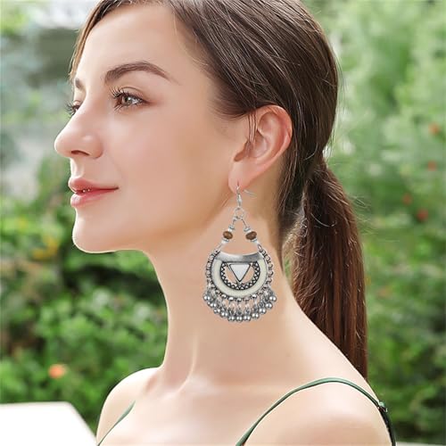 Vintage Boho Statement Drop Dangle Earrings for Women Bohemian Ethnic Handmade Beaded Charms Earring Bohemian Retro Chandelier Tassel Earrings Mexico Gypsy Jewelry Gift - color: Silver White Triangle