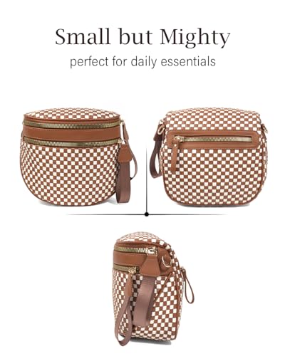 Valentoria Large Woven Leather Crossbody Bags for Women Checkered Bum Bag Sling Bag Purse Adjustable Strap Detachable Wallet | Woven - color: Brown&white Checkered