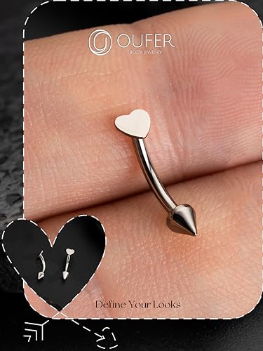 OUFER Rook Piercing Jewelry, G23 Solid Titanium Eyebrow Rings, Heart Vertical Labret Lip Jewelry, 16G Curved Barbells, Daith Rook Earrings for Women Men - color: Silver Heart, size: 16G 8mm