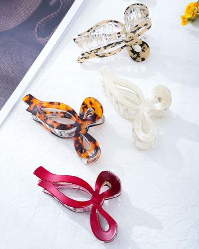 Mesovor 4 Pack Elegant Bow Hair Claw Clips, Nonslip 4.3" Large Hair Grip Hairclips for Thin and Thick | Acrylic Hair Strong Hold Hair Jaw Clamps (Cherry Red, Beige, Leopard) - color: Cherry Red, Beige, Leopard