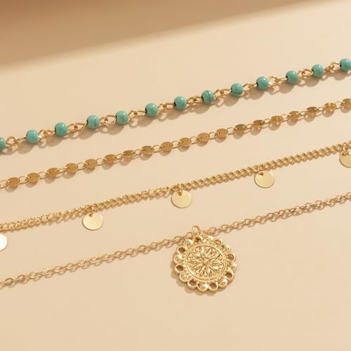 Boho Layered Gold Turquoise Necklace for Women Multi Strand Western Beach Jewelry Stackable Chain with Toggle Clasp Disc Pendant Trendy Fashion Jewelry - color: Gold-3
