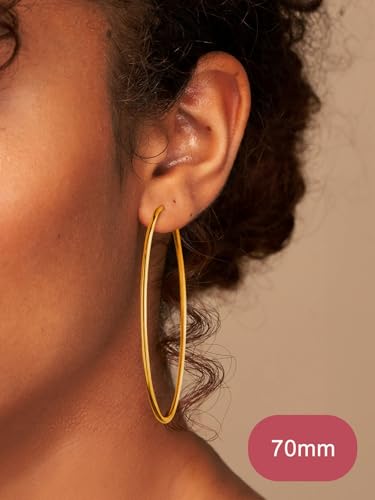 FOCALOOK 14K Gold Plated Lightweight Large Hoops| 2mm Thin Hoop Earrings for Women 30/40/50/70/100mm - color: 01.Gold, size: 70mm