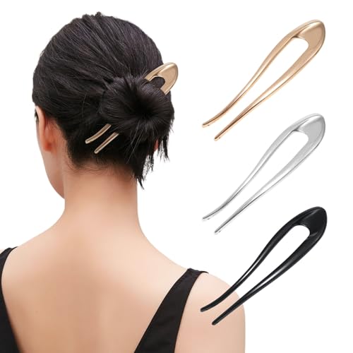 AWAYTR 3Pcs French Hair Pins for Women - Metal Hair Forks for Elegant Bun, Twist & Chignon Hairstyle Accessories (A+Black+Gold+Sliver) - color: A+Black+Gold+Sliver