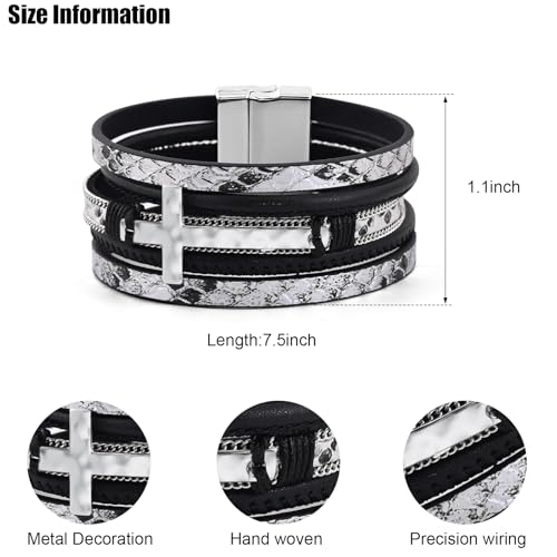 VIBILIA Boho Leather Wrap Bracelets for Women Men Multi-Layer Bracelets with Strong Clasp Western Jewelry - color: 06-Cross-Black
