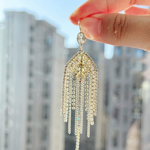 Gold Chandelier Earrings for Women Pearl Rhinestone Fringe Long Tassel Earrings for Women Sparkly Rhinestone Jewelry for Wedding Party Accessories