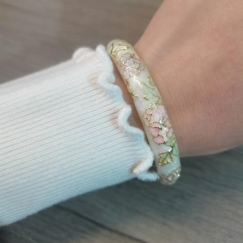Vintage Flower Cuff Bangles Gold Plated Cloisonne Chinoiserie Peony Floral Elegant Bracelet Gifts For Women - color: light yellow pink