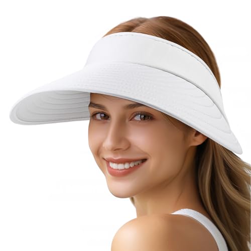 Sun Hats for Women - Wide Brim Sun Visor Hat for Women, UPF50+ Lightweight Foldable Ponytail Sports Cap - color: White