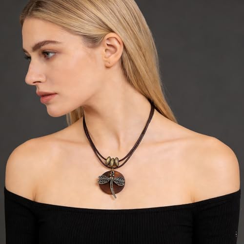 Brown Wooden Choker Chunky Pendant Necklaces for women - color: B