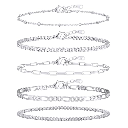 adoyi Gold Bracelets for Women, 14K Gold Plated Stackable Bracelet Stack Set Adjustable Charm Paperclip Chain Cuban Link Layered Waterproof Jewelry Sets Gifts for Womens - color: Silver 7.2 IN Large Wrist