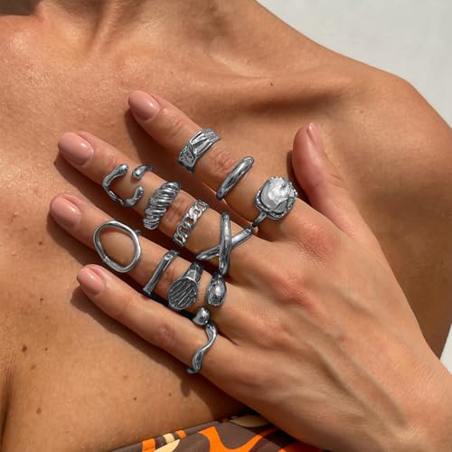 Chunky Gold Rings for Women Non Tarnish Boho Stackable Rings Set Adjustable Open Joint Finger Midi Knuckle Ring Packs - color: Silver Pearl Rings 12Pcs