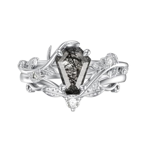 Natural Moss Agate Ring for Women 925 Sterling Silver Pear/Oval/Kite/Heart/Hexagon/Emerald/Coffin Cut Green Leaf Moss Agate Engagement Ring Promise Bridal Set Anniversary Birthday Jewelry Gifts - color: Coffin Cut Black Rutilated Quartz