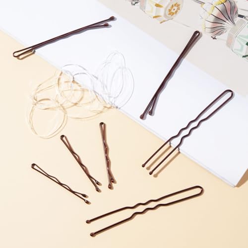 QIUTIMIY 300 Pcs Brown Wave-Shaped, U-Shaped Bobby Pins and 100 Pcs Elastic Hair Bands Mix Metal Hair Pins Hair Accessories for Women Stylists Hair Sticks Girl - color: Brown, size: WU-Multi2
