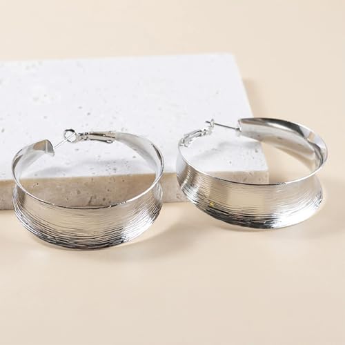 Chunky Gold Circular Statement Hoop Earrings Trendy Texture Large Piercing Dangle Drop Earrings - color: Silver