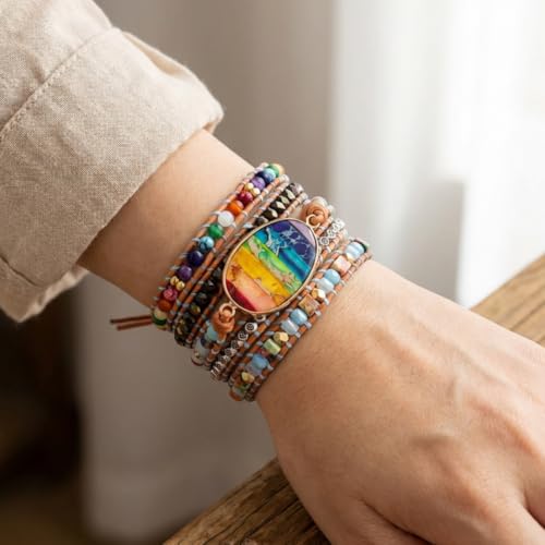 YGLINE Boho Handmade Wrap Leather Tube Crystal Stone Bracelet for Women - color: Chakra 3