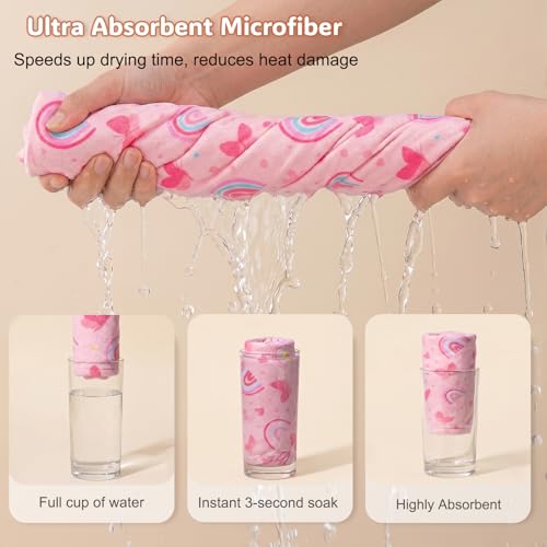 Basumee Microfiber Hair Towel Wrap for Kids 2 Pack Rapid Drying Hair Towel with Button Hair Turbans for Wet Hair Wraps Head Towel Wrap for Women and Girls - color: Brown Pink Rainbow