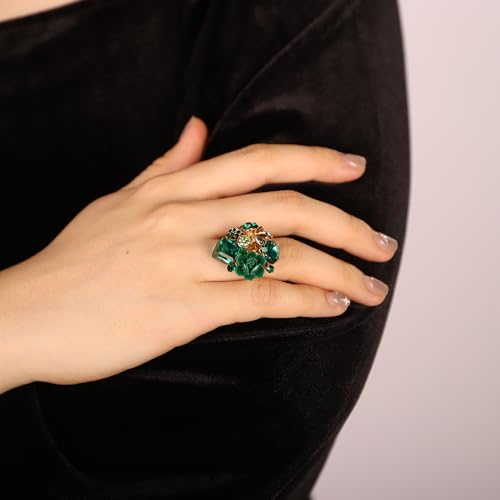 Jumwrit Shiny Crystal Flower Ring Statement Adjustable Open Band Wrap Finger Ring Square Rhinestone Floral Cocktail Ring Party Bridal Wedding Jewelry Vintage Boho Knuckle Ring for Women - color: Green
