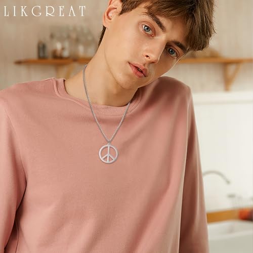 LIKGREAT Peace Necklace Peace Sign Symbol Pendant Necklace Box Chain Necklace for Women Men - color: silver