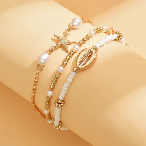 Vivian&CD Boho Shell Anklets Bracelet for Women Waterproof, Gold Layered Seashell Starfish Puka Shell Anklet, Adjustable Colorful Beaded Stack Stretch Bead Bracelet Set, Fashion Beach Foot Jewelry for Hawaii Summer Vacation - style: Starfish4