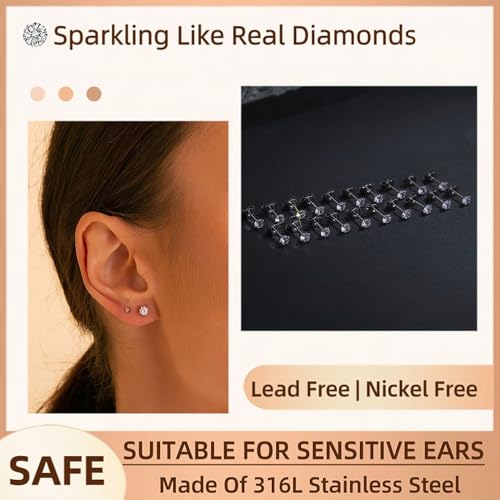 10 Pairs Small Stud Earrings for Women Precision-Cut Cubic Zirconia Earrings for Sensitive Ears Hypoallergenic Surgical Stainless Steel Tiny Stack Earrings for Multiple Piercing - color: 4mm-10 Pairs