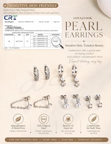LOYALLOOK Hypoallergenic Flat Back Stud Hoop Earrings for Women, 14K Gold Plated Surgical Steel Earring Stacks Set for Sensitive Ears, Dainty Dangle Chain Silver Cartilage Earring Trendy Piercing Jewelry - color: Silver-pearl