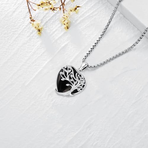 Turquoise/Amethyst/Moonstone/Black Onyx Tree of Life Necklace for Women Hummingbird Necklaces White Gold Plated Copper Jewelry - style: A-Tree of Life -Black Onyx