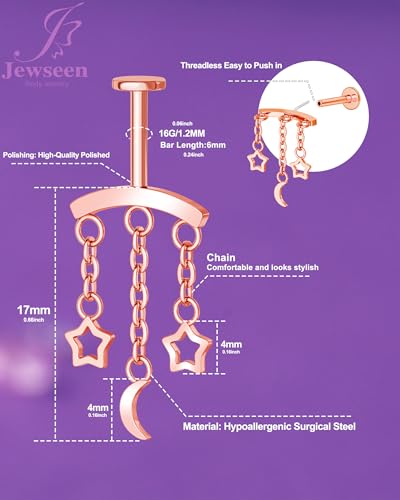 Crescent Moon Star Chain Vertical Hidden Helix Stud Earrings Dangle 316L Stainless Steel Flat Back Threadless Push-Pin Cartilage Rook Piercing Jewelry - color: ROSE GOLD