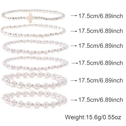 Silver Gold Beaded Bracelets for Women Stackable 14K Gold Plated Beads Ball Cross Bracelet Stack Non Tarnish Elastic Stretch Trendy Jewelry Christian Friendship Christmas Gifts for Women - color: 6pcs-Silver