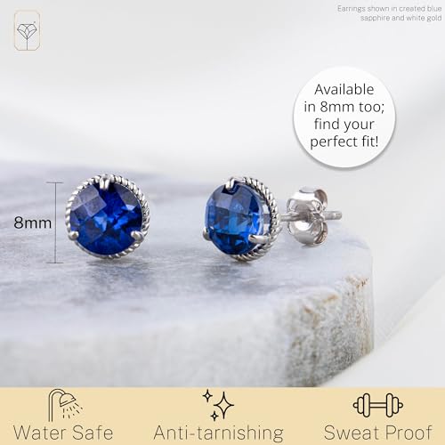 14k White or Yellow Gold Roped Halo Gemstone Round Stud Earrings for Women 6mm Birthstone with Push Backs by MAX + STONE - color: Topaz-White