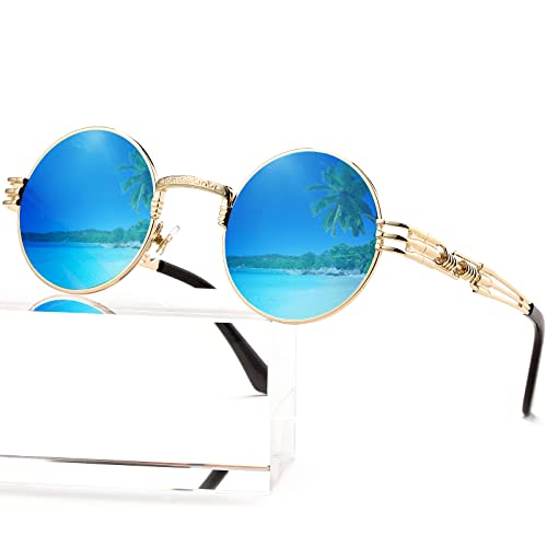 AIEYEZO Round Steampunk Sunglasses for Men Women Retro Circle Hippie Glasses Metal Frame 100% UV Blocking Lens - color: Gold/Ice Blue Mirror