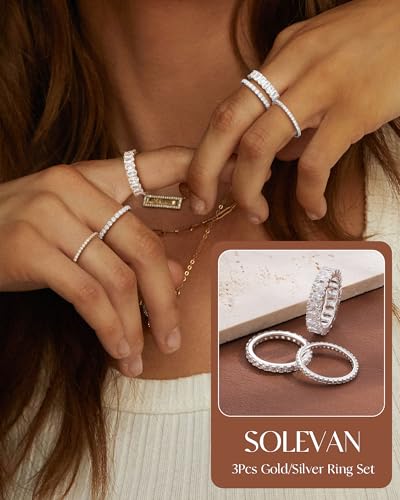 Silver Gold Rings for Women Non Tarnish 14K Gold Plated Stackable Rings for Women Stacking Thumb Pinky Eternity Cubic Zirconia Engagement Wedding Band Ring Set Woman Jewelry 1.5mm 2.5mm 5mm - color: D-Silver Cubic Zirconia Rings