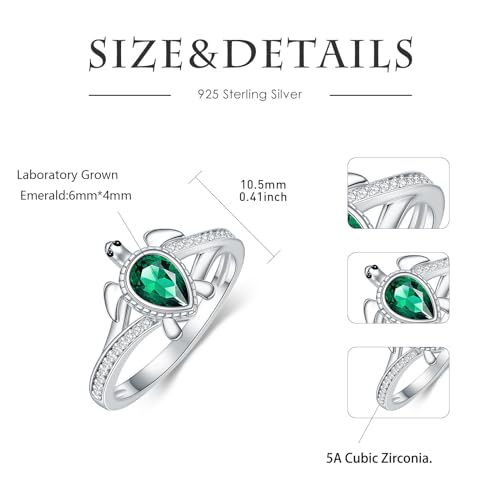 Sea Turtle Ring for Women 925 Sterling Silver Pear Shaped Birthstone Ocean Statement Ring for Ladies - color: Lab Created Emerald