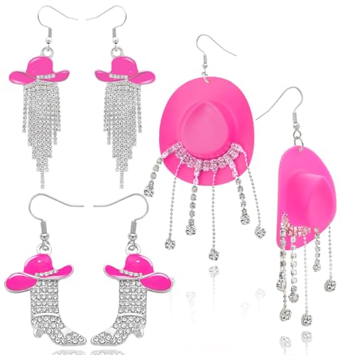 RechicGu 3 Pairs Western Cowgirl Cowboy Hat Earrings Set Silver Symmetric Boots Sparkly Rhinestone Tassels Drop Dangle Rural Culture Earrings Set For Women - color: Silver Boots,Rose Red Hat
