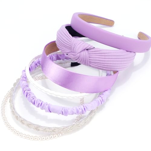 VELSCRUN Headbands for Women 7 Pcs Different Bright Purple Knotted Solid Pearl Head Bands Non Slip Hair Band for Womens Gilrs Thin Thick Short Hair Fashion Accessories - color: Bright Purple