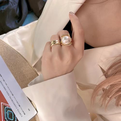 OIDIMS Exaggerated Pearl Statement Band Ring Stainless Steel Y Shaped Unique Style Big Rings Personalized Finger Comfort Fit Jewelry for Women Fashion Gift Birthday Xmas - size: 8
