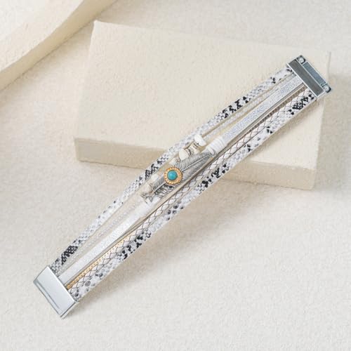 FANCY SHINY Turquoise Boho Leather Bracelet Stackable Chunky Wrap Bangle Bracelets Cowboy Cowgirl Chic Western Jewelry Gift for Women - color: White